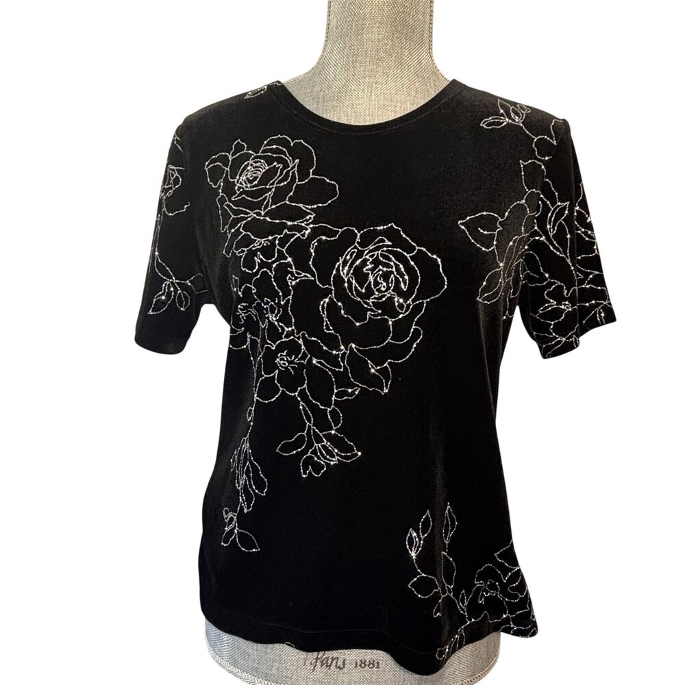 Vintage Notations Velour Blouse Glitter Rose Detail Black Short Sleeve 90s Y2K